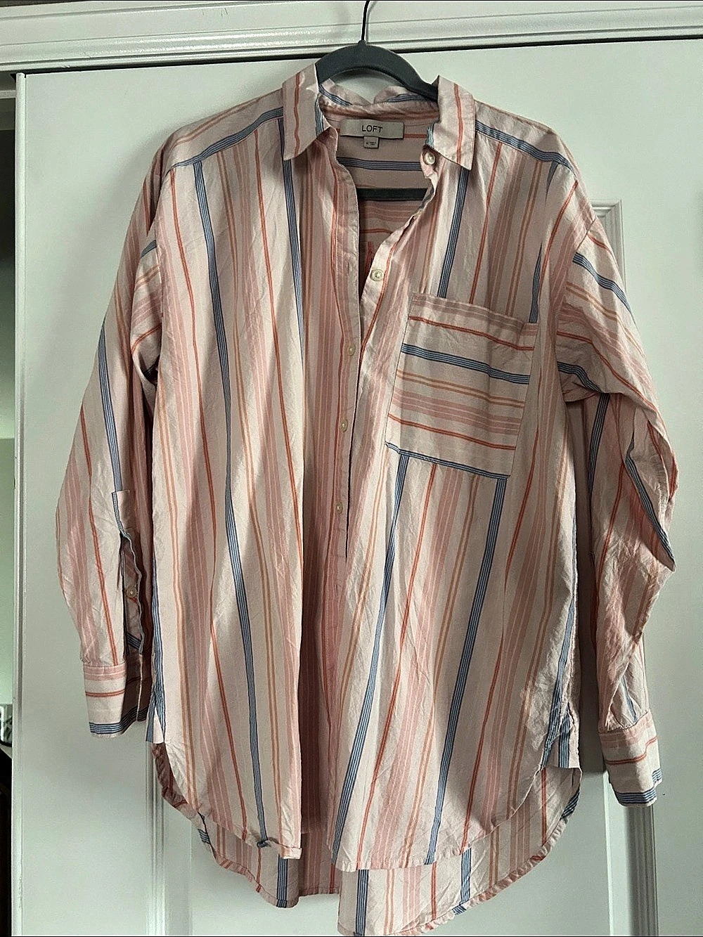 LOFT Pink Orange Mixed Stripe Button Down Shirt Medium